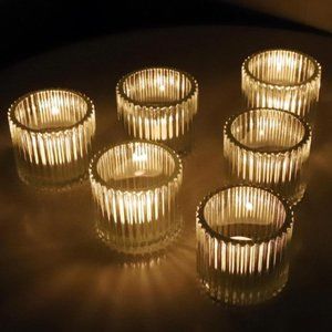 Set of 6 - Large Ribbed Clear Glass Tealight / Votive Candle Holders